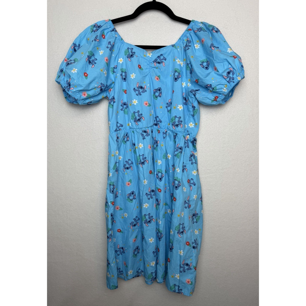 Disney Stitch Girls Dress Size XXL Blue Tropical Stitch Print Puff Sleeves